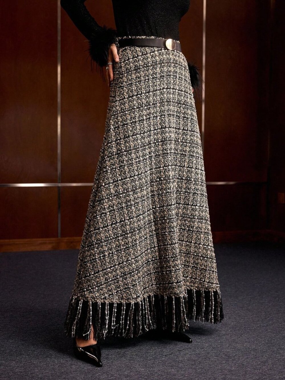 Multicolor Elegant Women's High Waist Belted Zipper Fringe Hem Flared Skirt